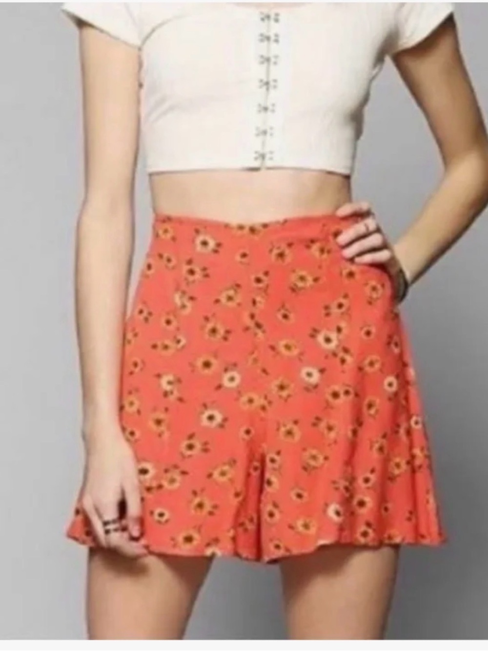 Kimchi Blue Sunflower Print Orange Flowy Cottage core Boho Shorts SZ. 2 XS EUC